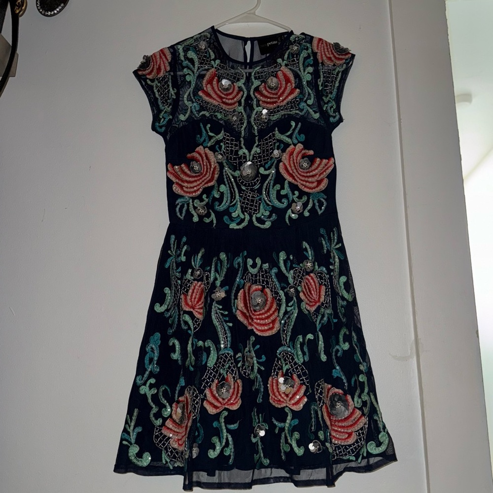 ASOS Petite Navy and Teal Embroidered Dress